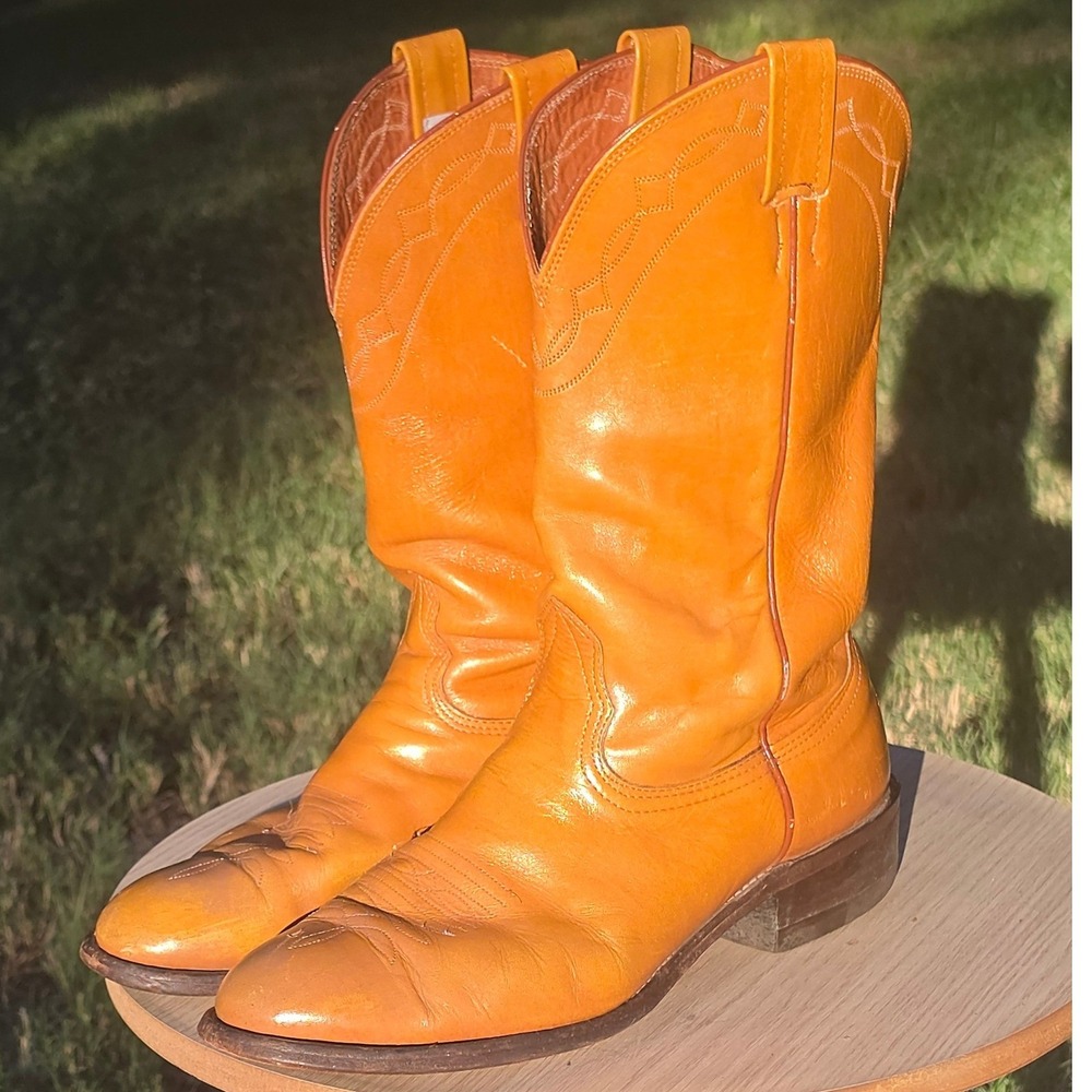 Nocona Orange Leather Cowboy Boots Western Pointed Toe Mid Calf Mens - Picture 1 of 11